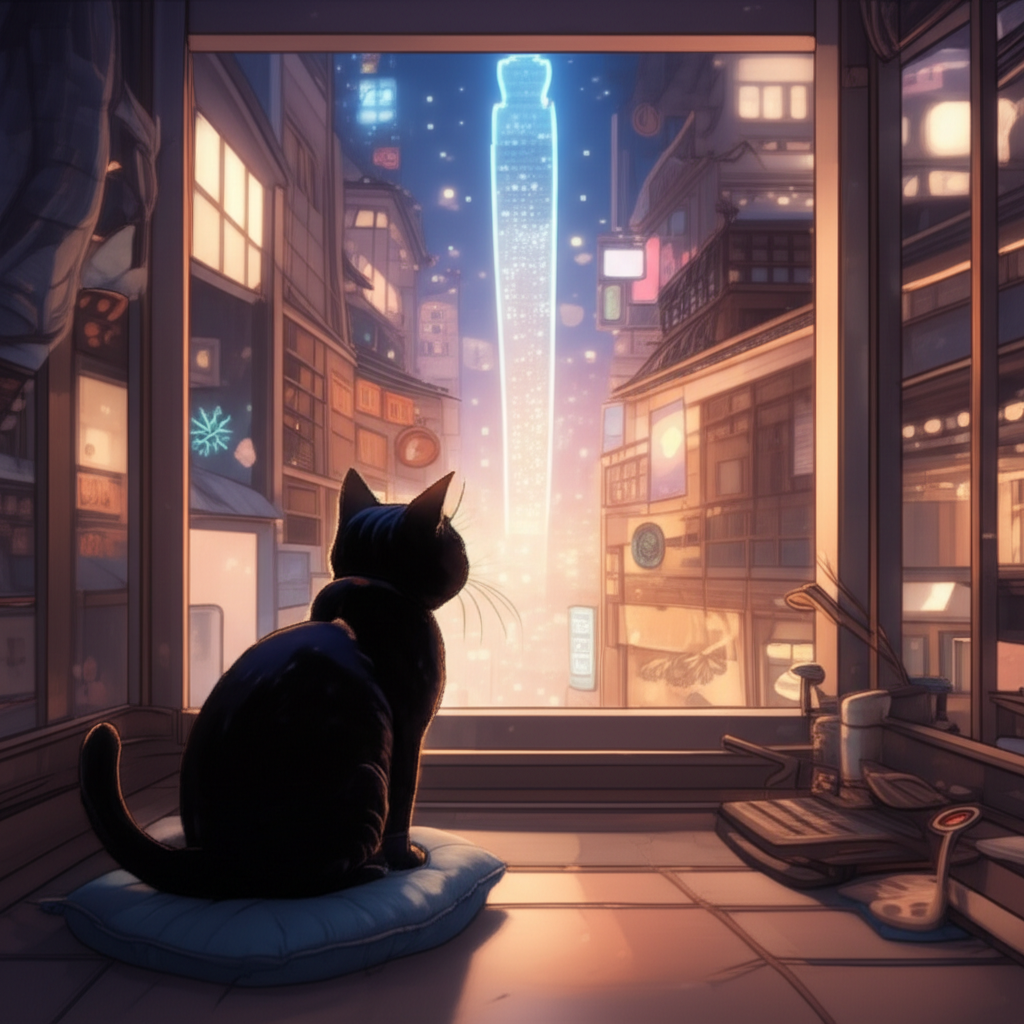 냥시티의 작은 방에서 트레이딩 타워를 바라보는 랭보