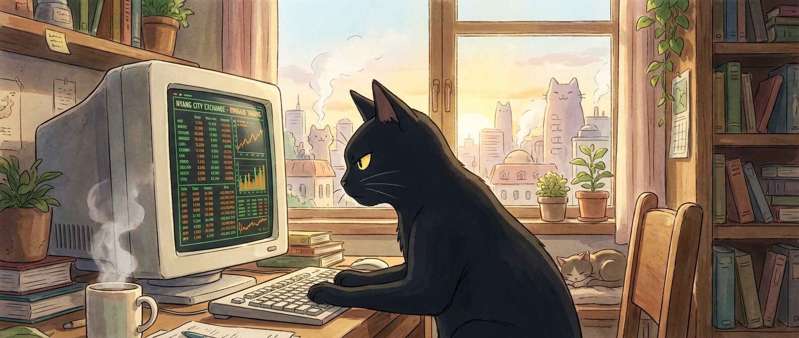 냥시티 아지트에서 트레이딩 모니터를 집중해서 보는 랭보