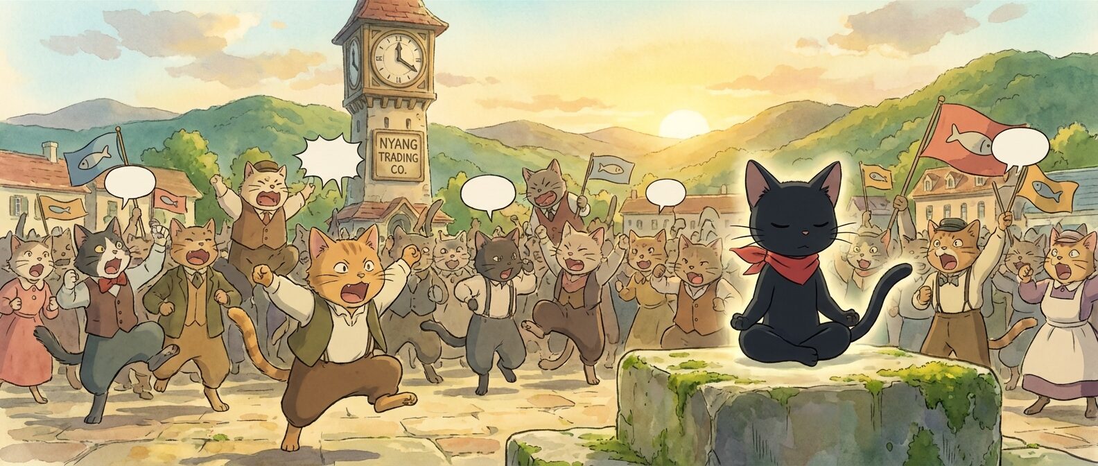 냥시티 광장에서 흥분한 고양이들과 침착한 랭보